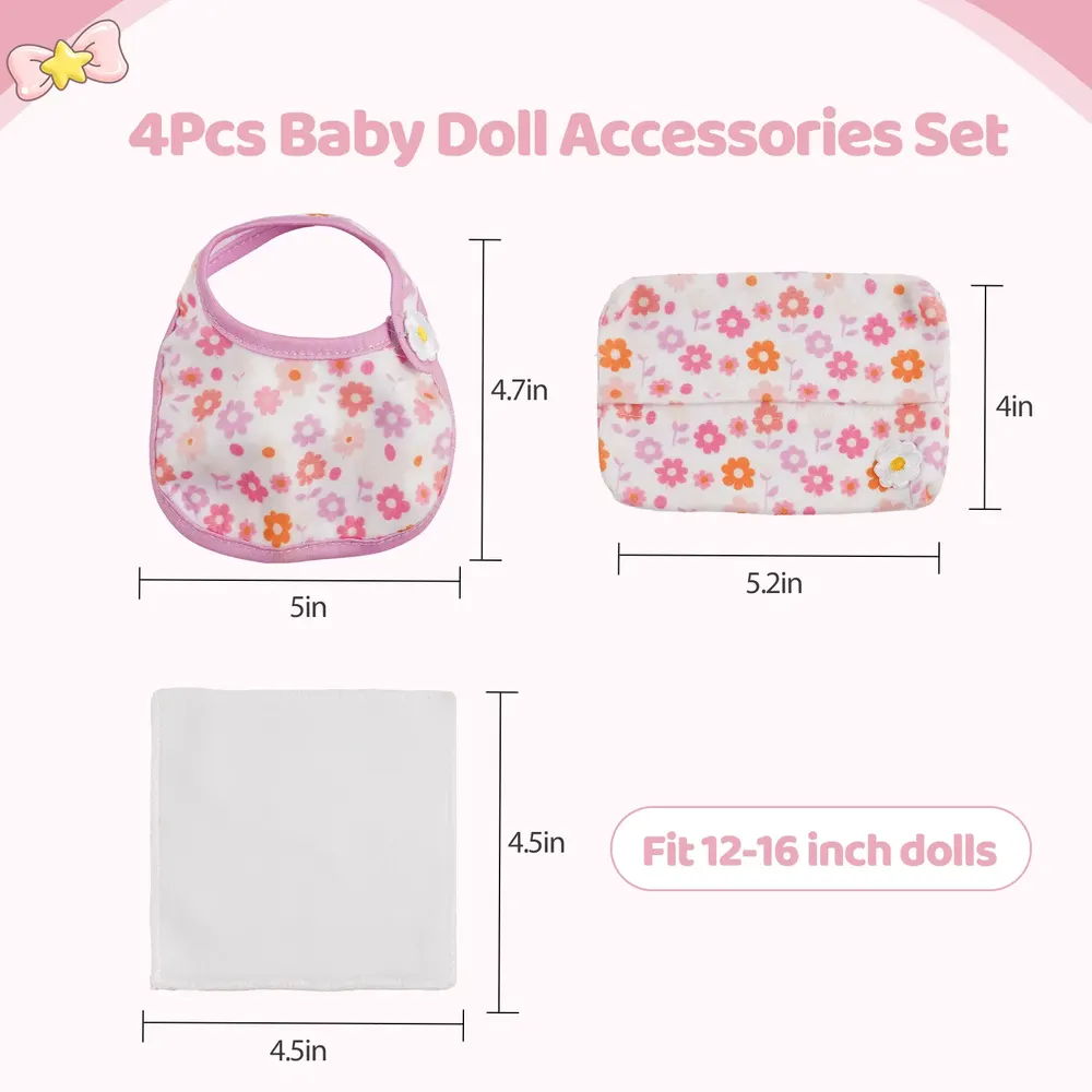 12"-16" Pink and White Bib Set 4 Pcs Reborn Baby Doll Accessories Set, photograph 4