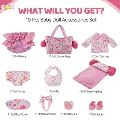 12"-16" Reborn Baby Doll Pink Puppy Floral Sleeping Bag 10 Pcs Set Clothing