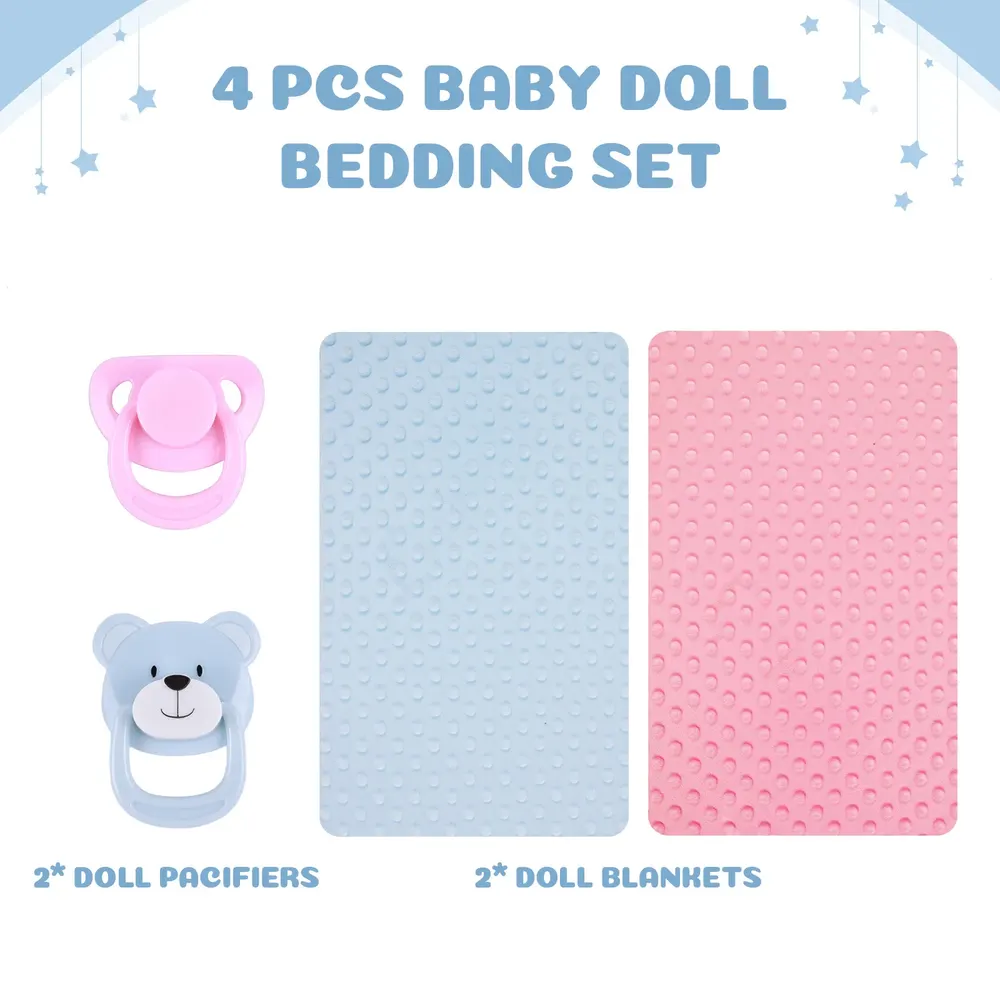 12"-18" Blue & Pink 4 Pcs Reborn Baby Doll Blanket and Pacifier Accessories Set, photograph 3