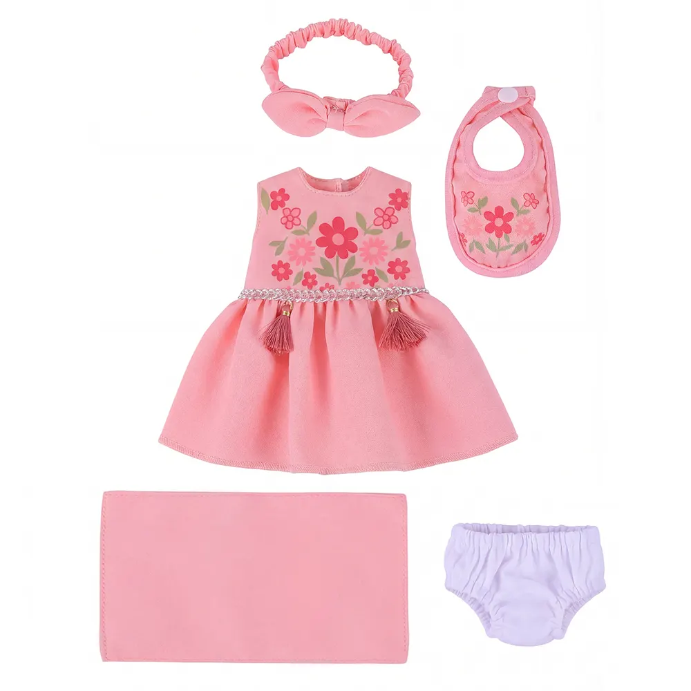 12" Light Pink Floral Dress Five-Piece Set for Reborn Dolls