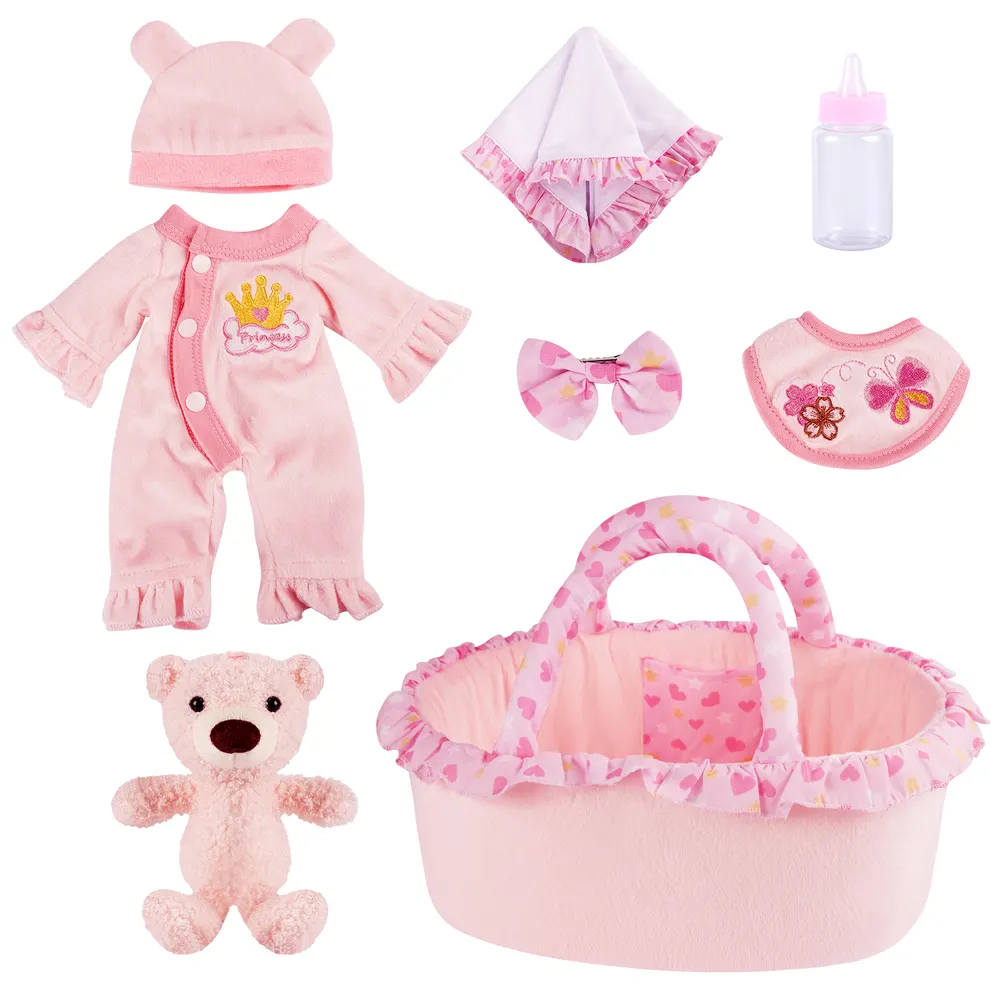12" Pink and Green Crown Bear for Reborn Baby Girl Accessories 8-Pieces Set