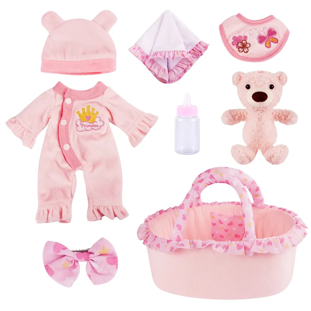 12" Pink and Green Crown Bear for Reborn Baby Girl Accessories 8-Pieces Set, photograph 2