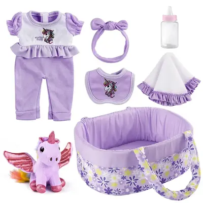 12" Purple Unicorn for Reborn Baby Girl Accessories 8-Pieces Set