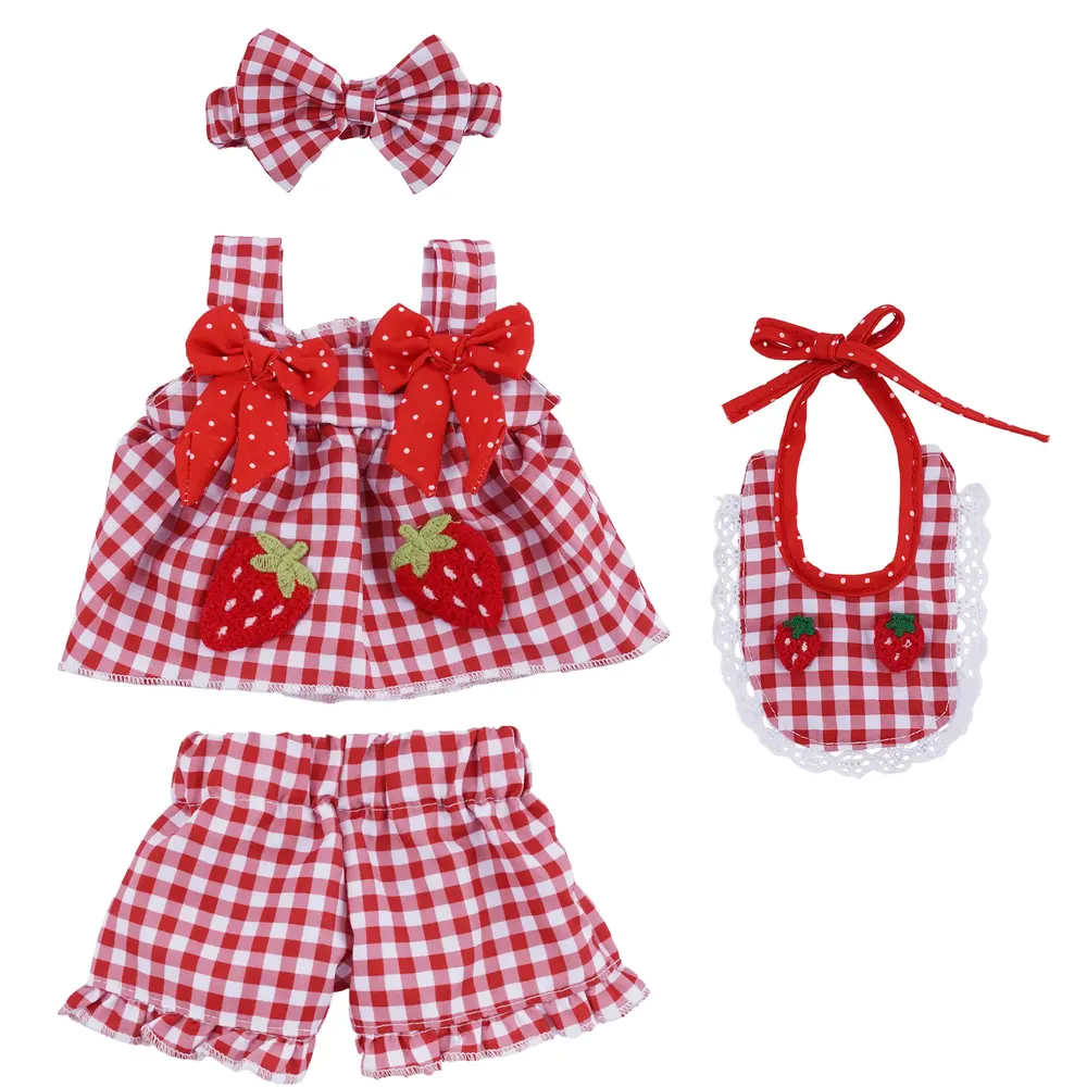 15" Sweet Strawberry Gingham Outfit Set 4 Pieces for Reborn Baby Dolls