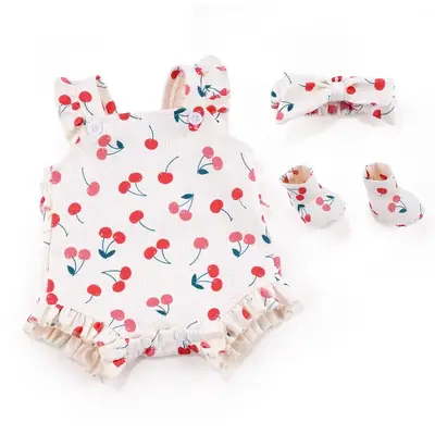 17"-20" Cherry Blossom Romper 3 Pcs Set with Romper, Headband and Socks