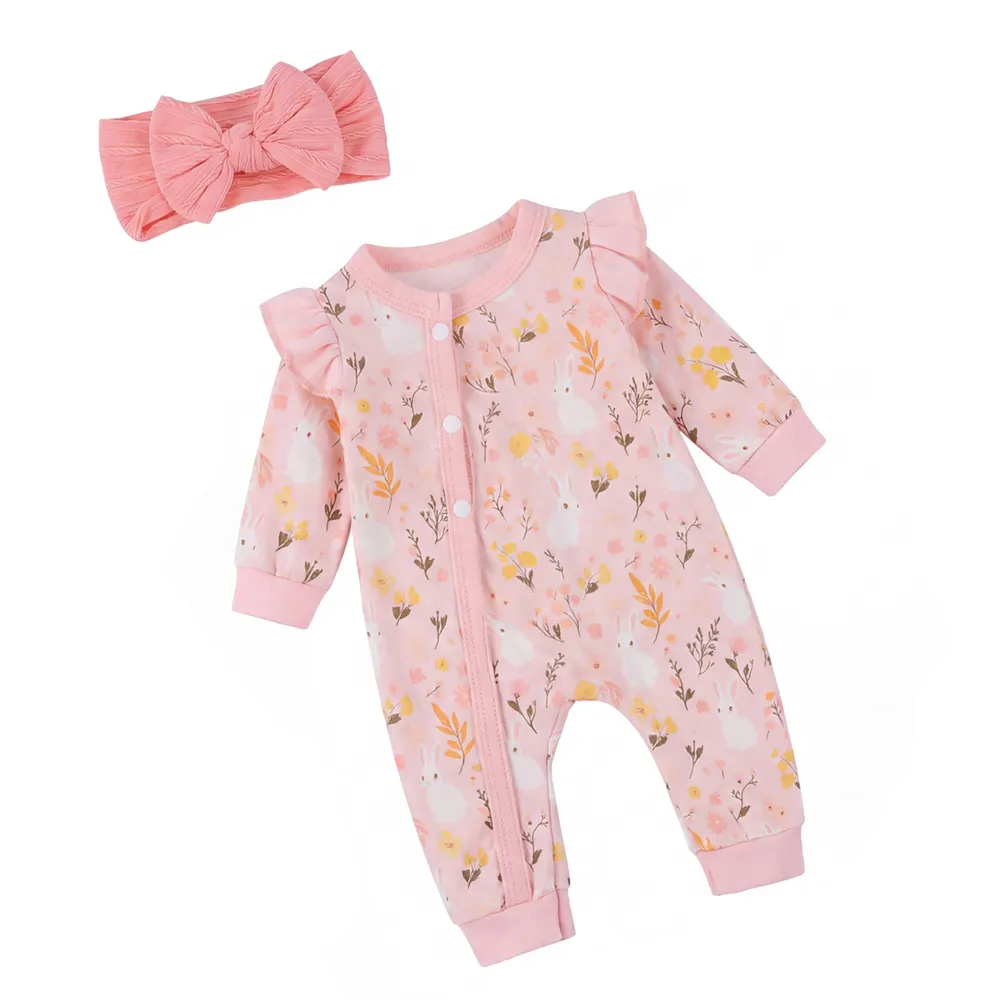 17-20" Pink Bunny Floral Print Romper with Flutter Sleeves