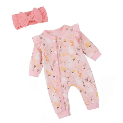 17-20" Pink Bunny Floral Print Romper with Flutter Sleeves