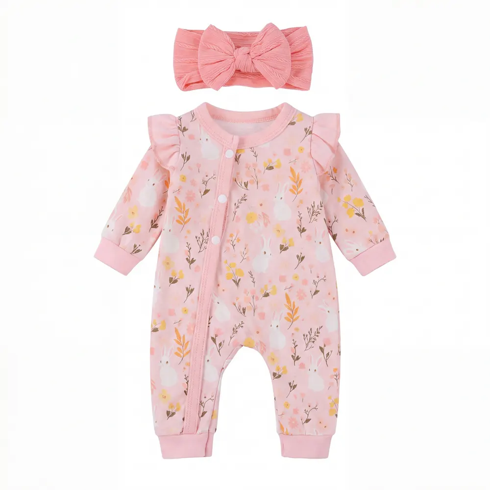 17-20" Pink Bunny Floral Print Romper with Flutter Sleeves, photograph 2