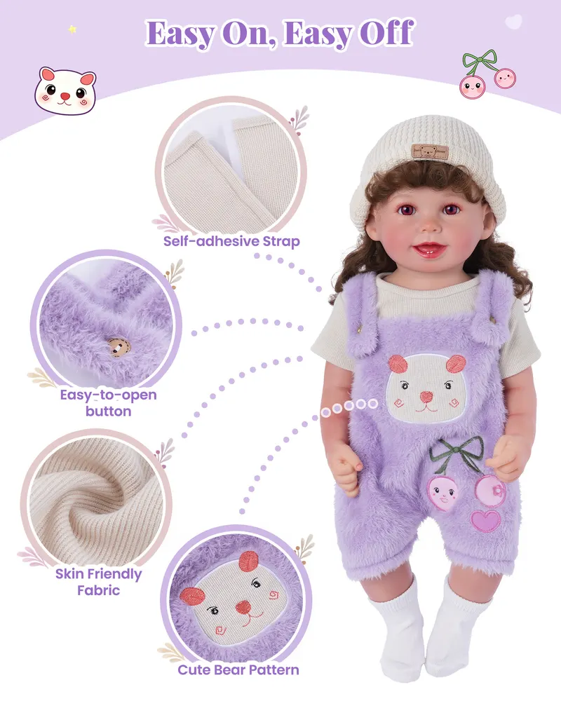 17-20" Purple Plush Embroidered Overalls Set 4 PCS, photograph 3