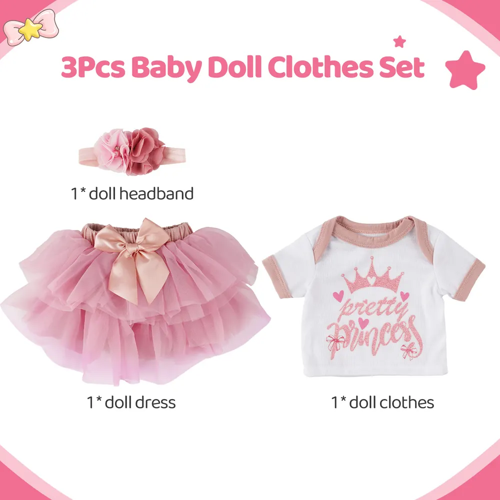 17"-20" Reborn Baby Doll Pink and White Skirt 3 Pcs Set Clothing Accessories, photograph 2