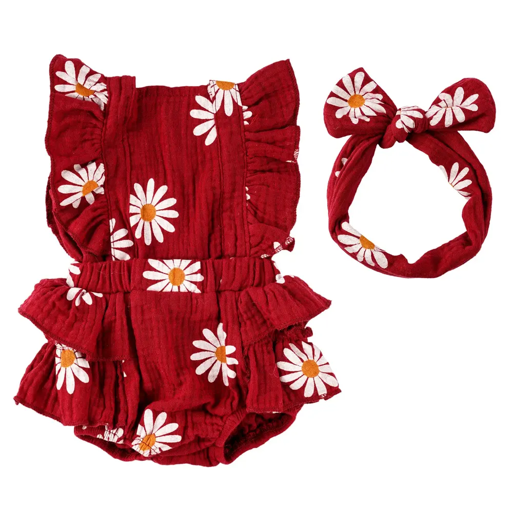 17"-20" Reborn Baby Girl Burgundy Daisy Crush Crawl Suit Clothes Accessories
