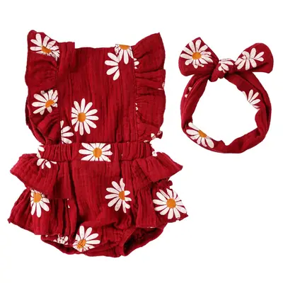 17"-20" Reborn Baby Girl Burgundy Daisy Crush Crawl Suit Clothes Accessories