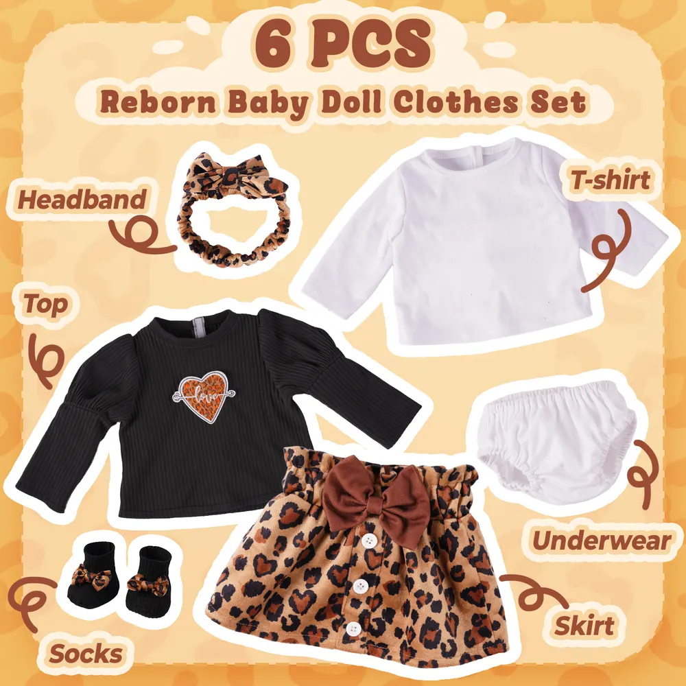 17"-22" Black Leopard Pattern 6 Pcs Reborn Baby Doll Clothes Accessories Set, photograph 5