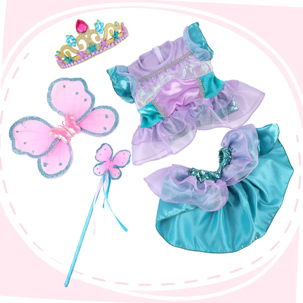 17"-22" 5pcs Set Girl Purple Princess Dress with Crown and Butterfly Stick Clothes