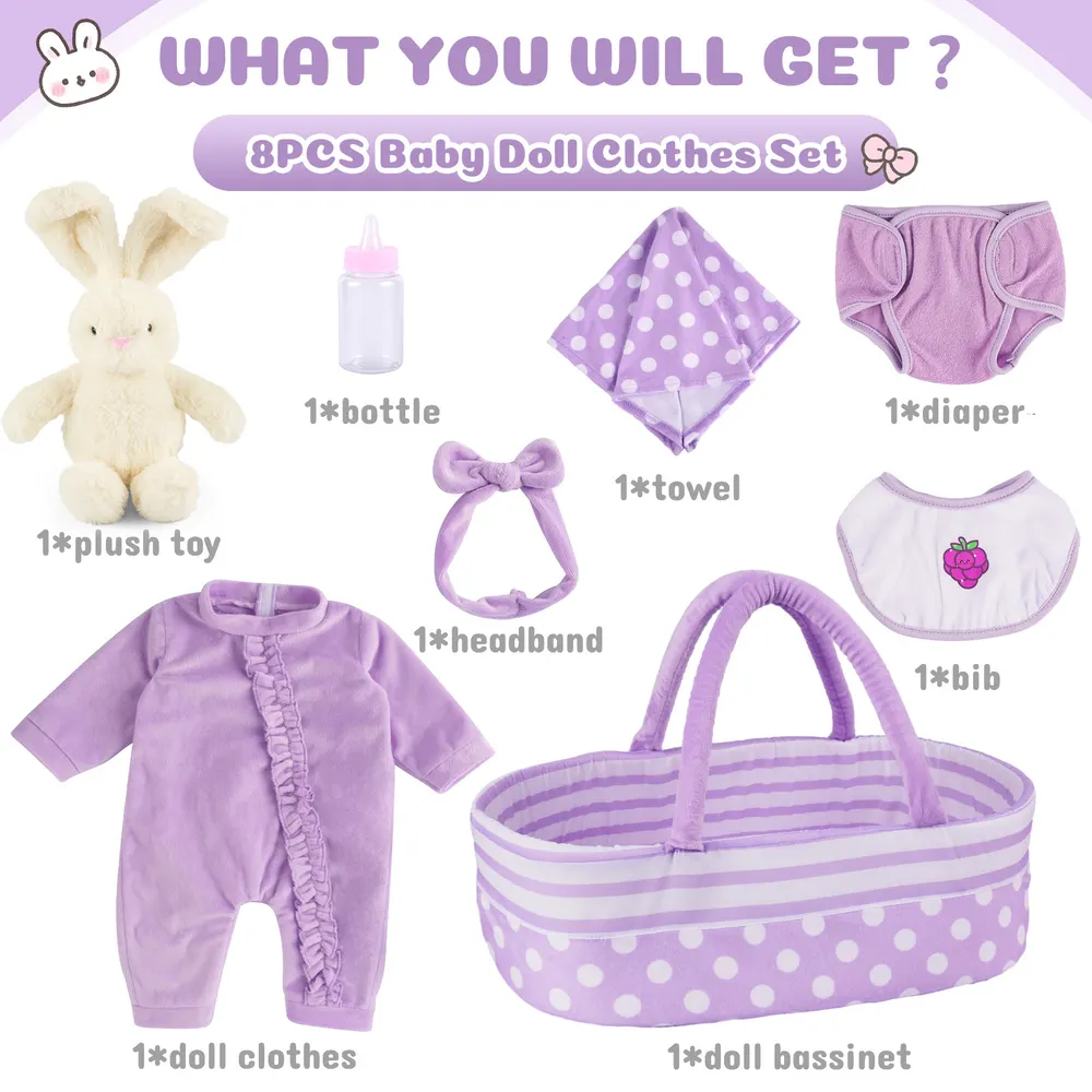 17"-22" Newborn Baby Dolls Girl Purple Prince Dress 8pcs Set Outfits Accessories, photograph 2