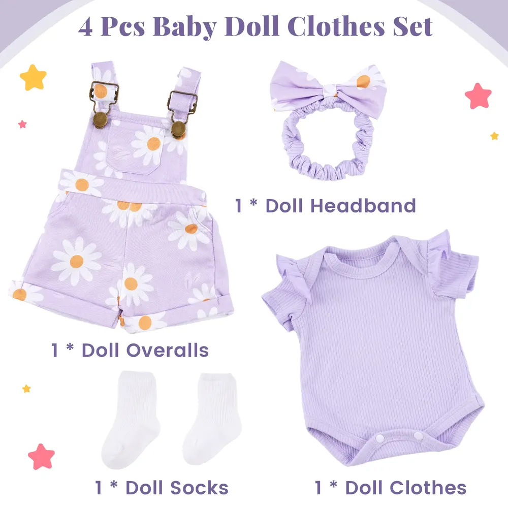 17"-22" Lovely Purple Daisy Suspender Pants 4 Pcs Set for Reborn Baby Dolls, photograph 2