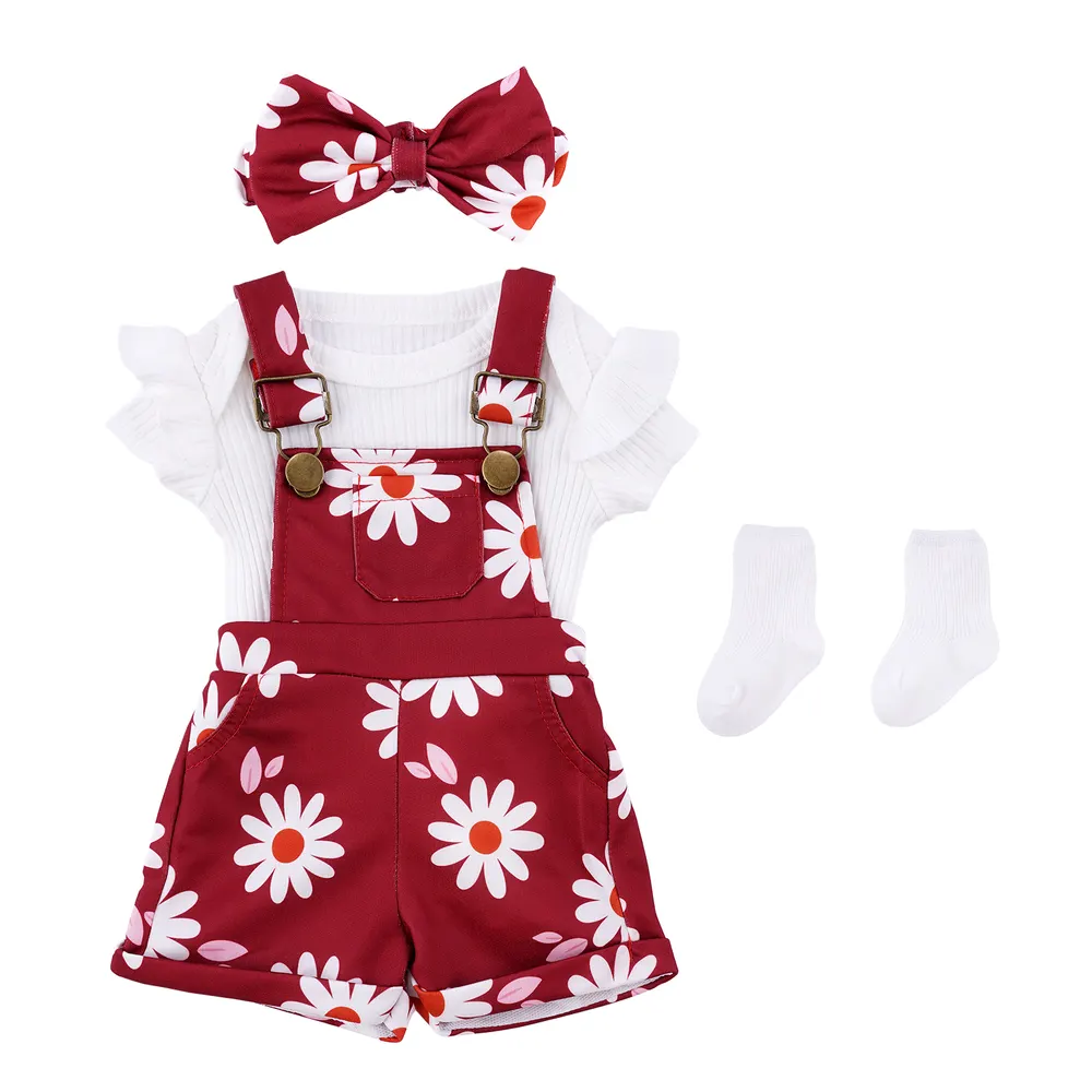 17"-22" Lovely Wine Red Daisy Suspender Pants 4 Pcs for Reborn Baby Dolls