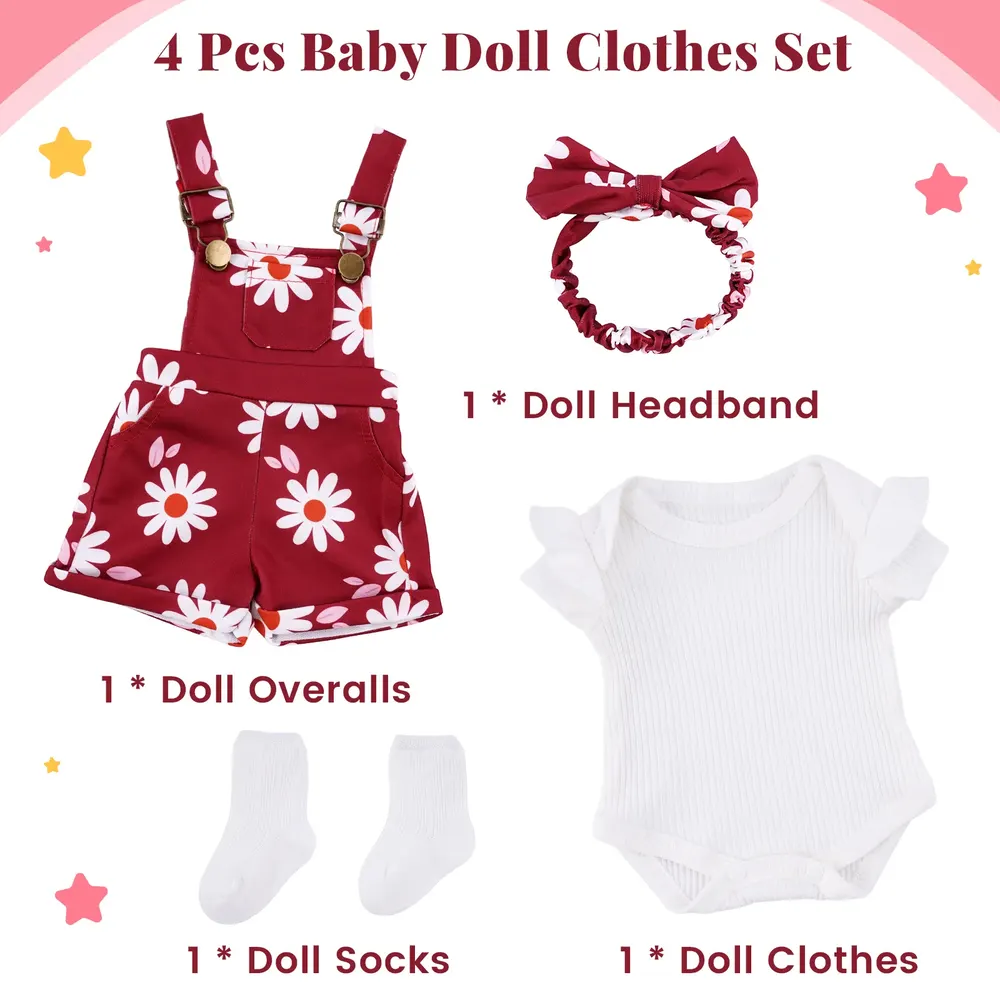 17"-22" Lovely Wine Red Daisy Suspender Pants 4 Pcs for Reborn Baby Dolls, photograph 2
