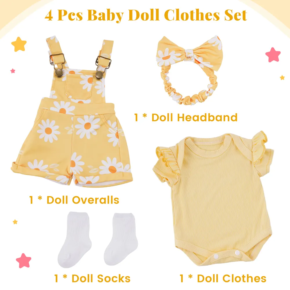 17"-22" Lovely Yellow Daisy Suspender Pants 4 Pcs Set for Reborn Baby Dolls, photograph 2