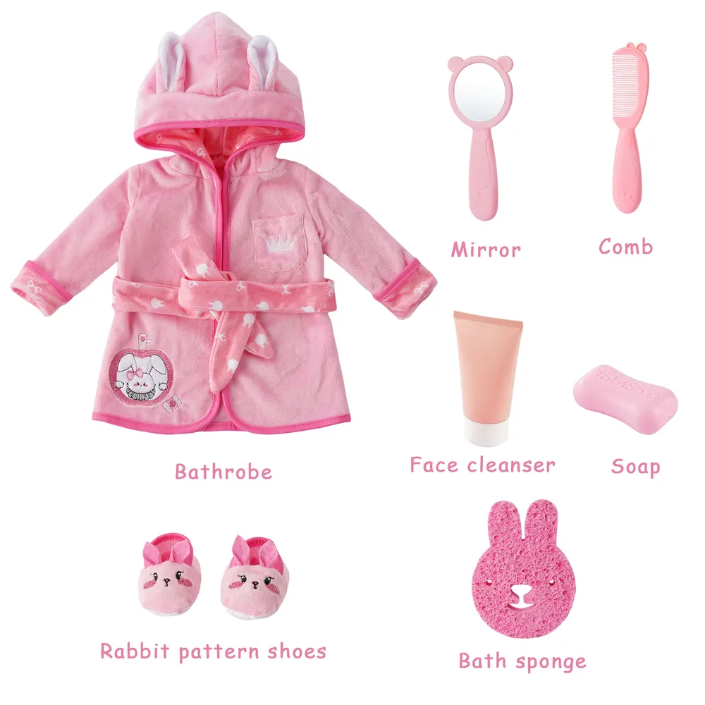 17"-22" Pink Bunny Bathrobe 7 Pcs Reborn Baby Doll Clothes Accessories Set