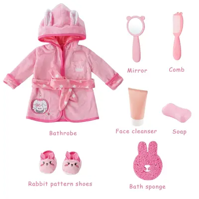 17"-22" Pink Bunny Bathrobe 7 Pcs Reborn Baby Doll Clothes Accessories Set