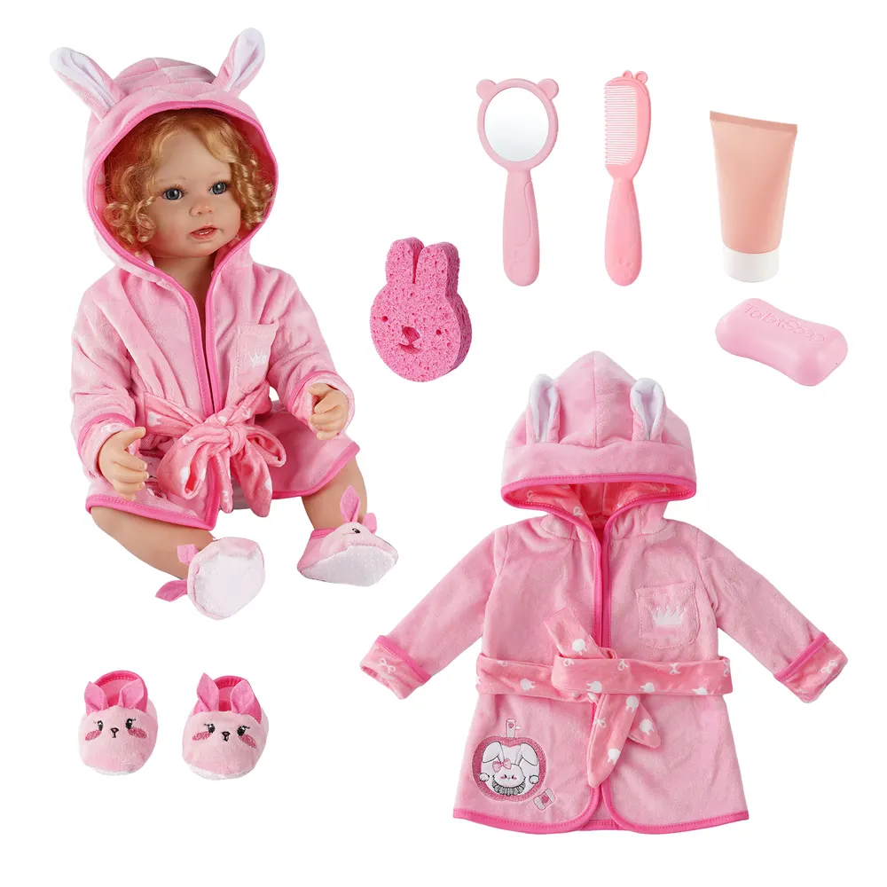 17"-22" Pink Bunny Bathrobe 7 Pcs Reborn Baby Doll Clothes Accessories Set, photograph 5