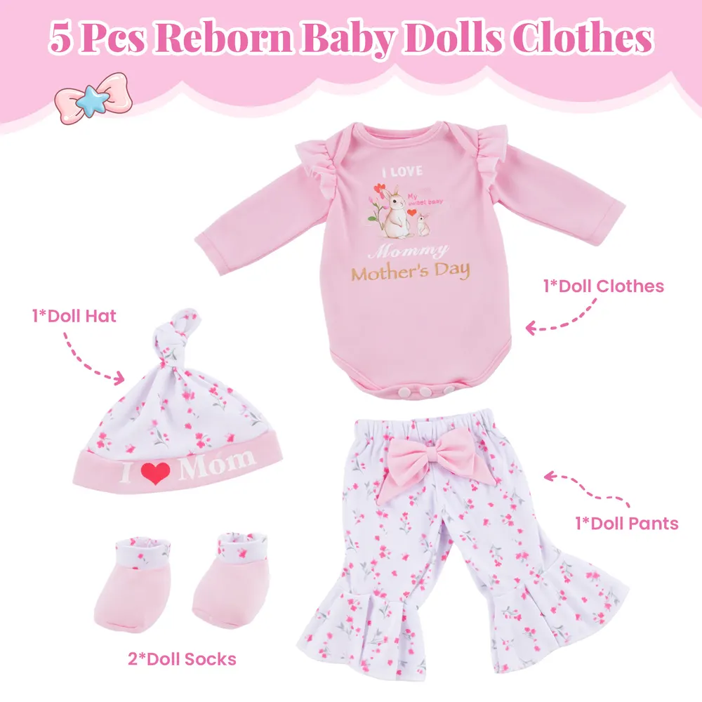 17"-22" Pink Bunny Floral Suit 4PCS Set for Reborn Baby Dolls, photograph 3