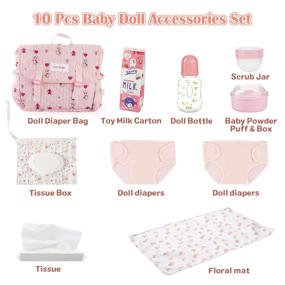 17"-22" Pink Cat 10 Pcs Reborn Baby Doll Accessories Set, photograph 2
