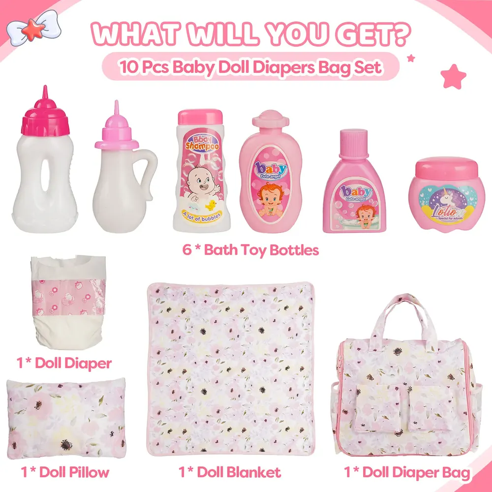 17"-22" Pink Folding Bed Bag 10 Pcs Reborn Baby Doll Accessories Set, photograph 2
