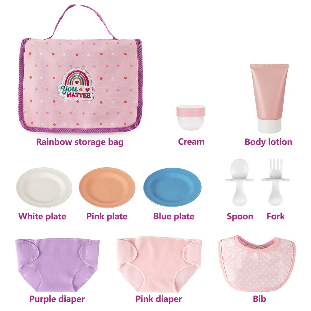 17"-22" Pink Purple Rainbow Polka Dot Feeding Bag 11 Pcs Set Reborn Baby Doll