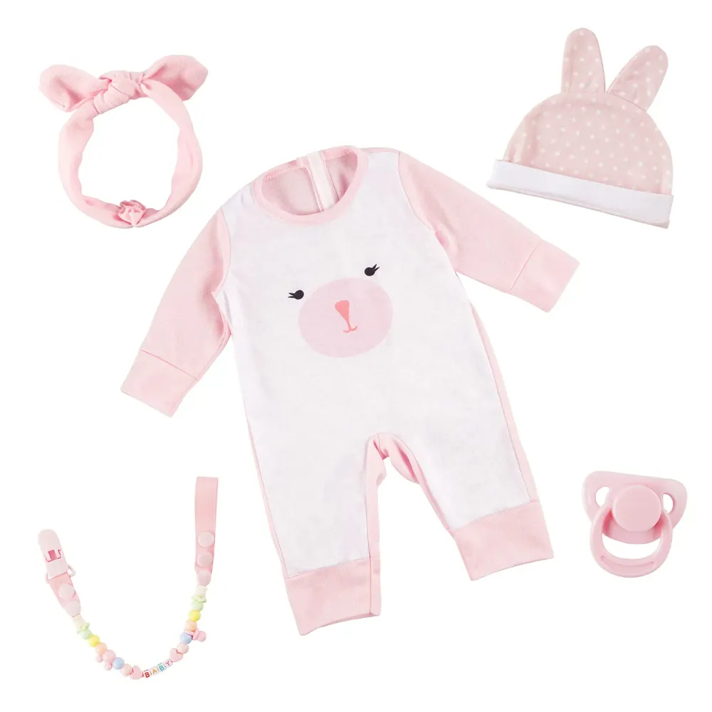 17"-22" Reborn Baby Doll Pink and White Bunny 5 Pcs Set Clothing Accessories
