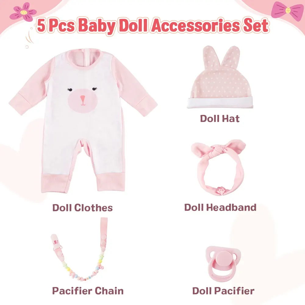 17"-22" Reborn Baby Doll Pink and White Bunny 5 Pcs Set Clothing Accessories, photograph 2