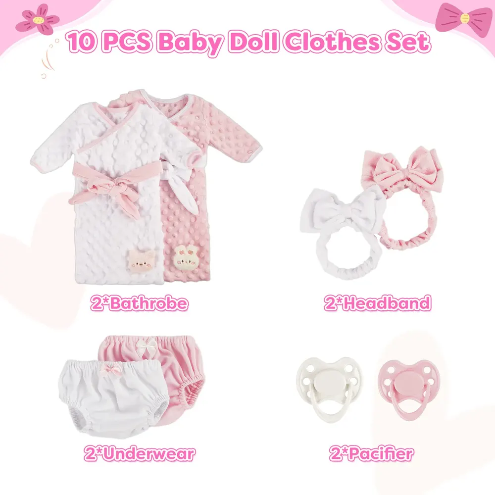 17"-22" Reborn Baby Doll Pink Bathrobe 10 Pcs Set Clothing Accessories, photograph 3