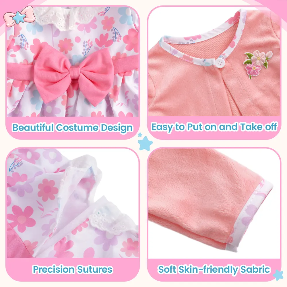 17"-22" Reborn Baby Doll Pink Floral Skirt 5 Pcs Set Clothing Accessories, photograph 2