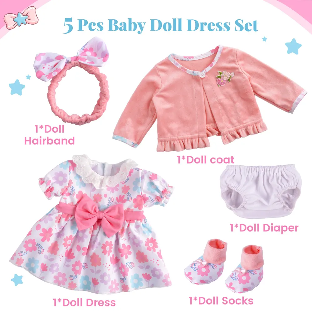 17"-22" Reborn Baby Doll Pink Floral Skirt 5 Pcs Set Clothing Accessories, photograph 3