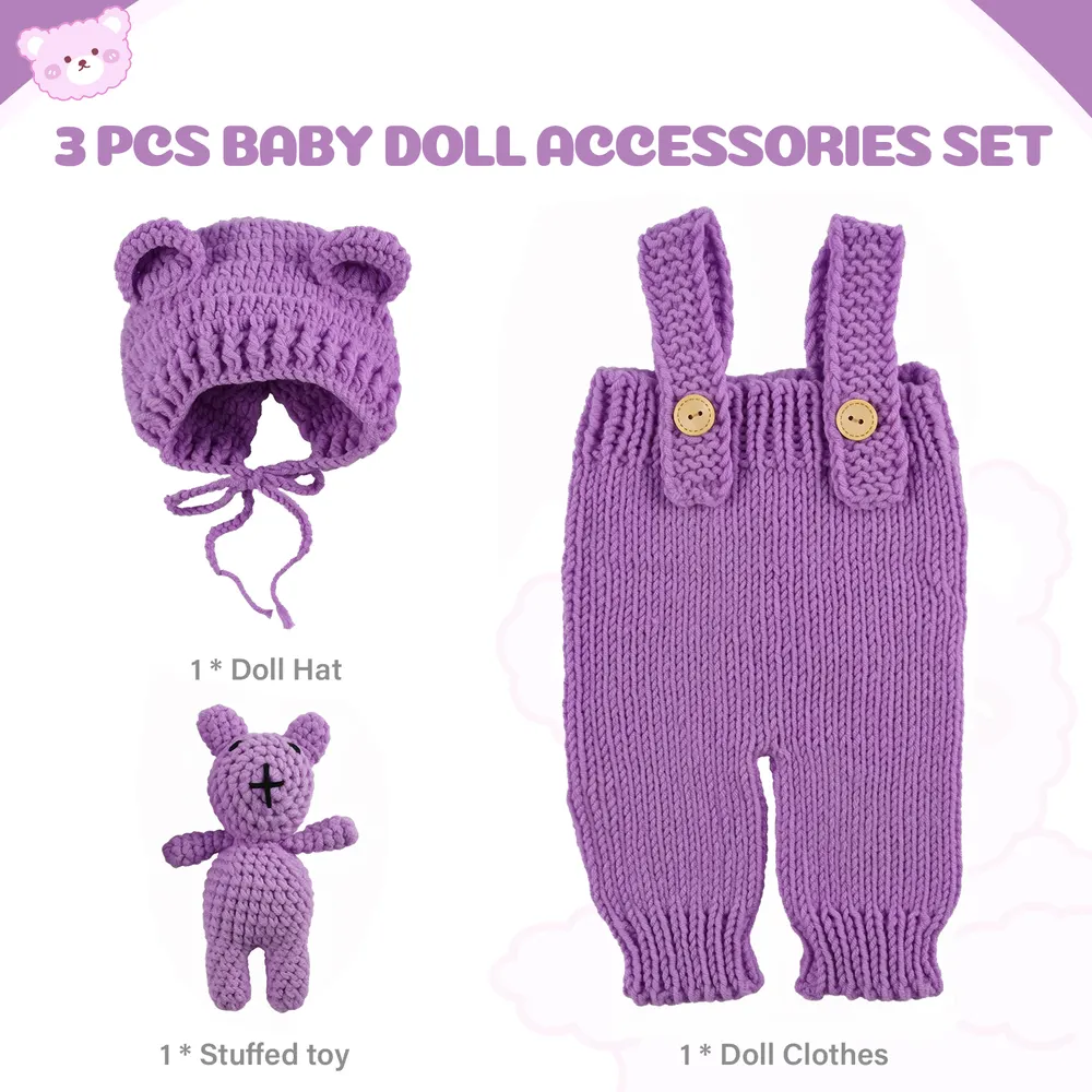 17"-22" Reborn Baby Doll Purple 3 Pcs Set Clothing Accessories, photograph 2
