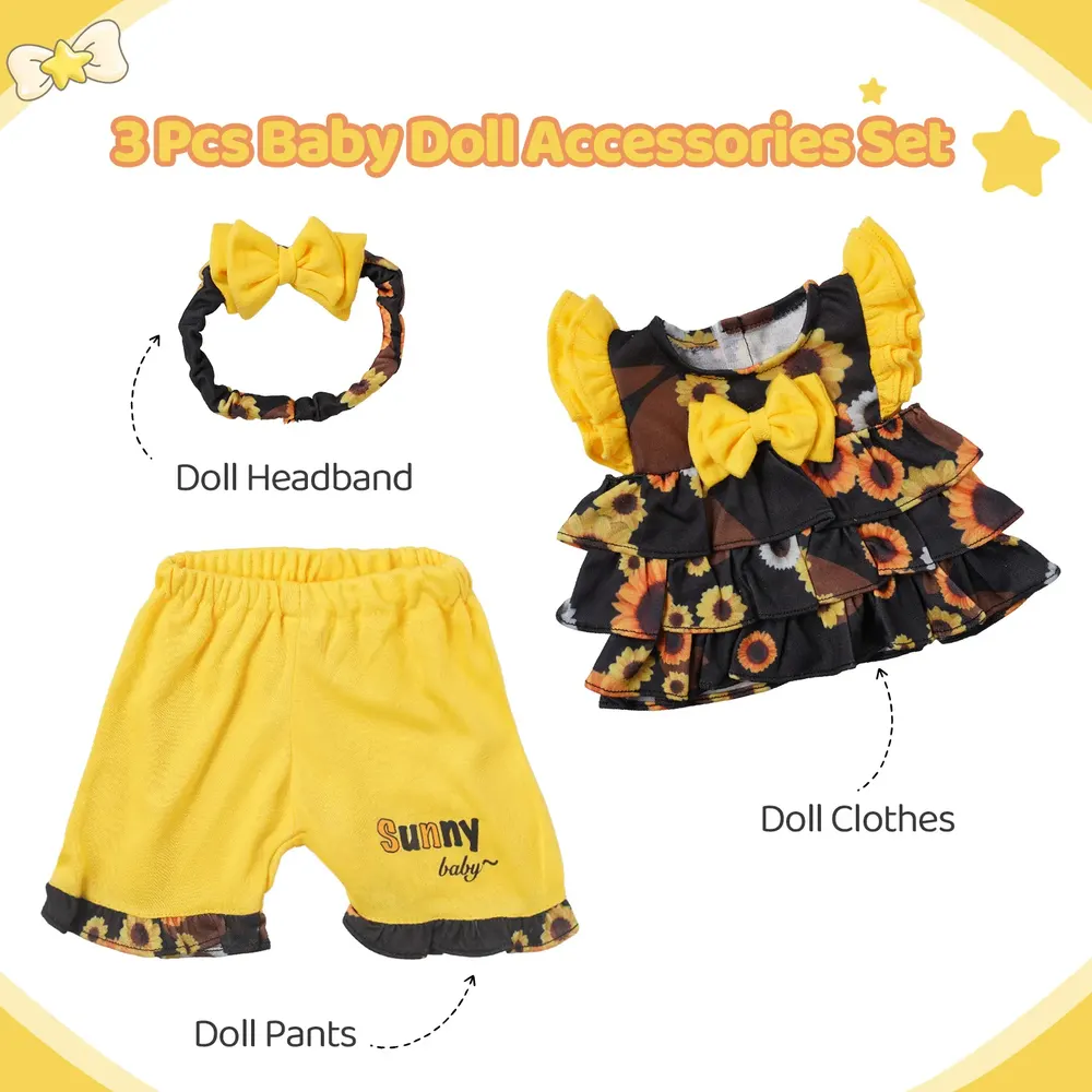 17"-22" Reborn Baby Doll Yellow Sunflower 3 Pcs Set Clothing Accessories, photograph 2