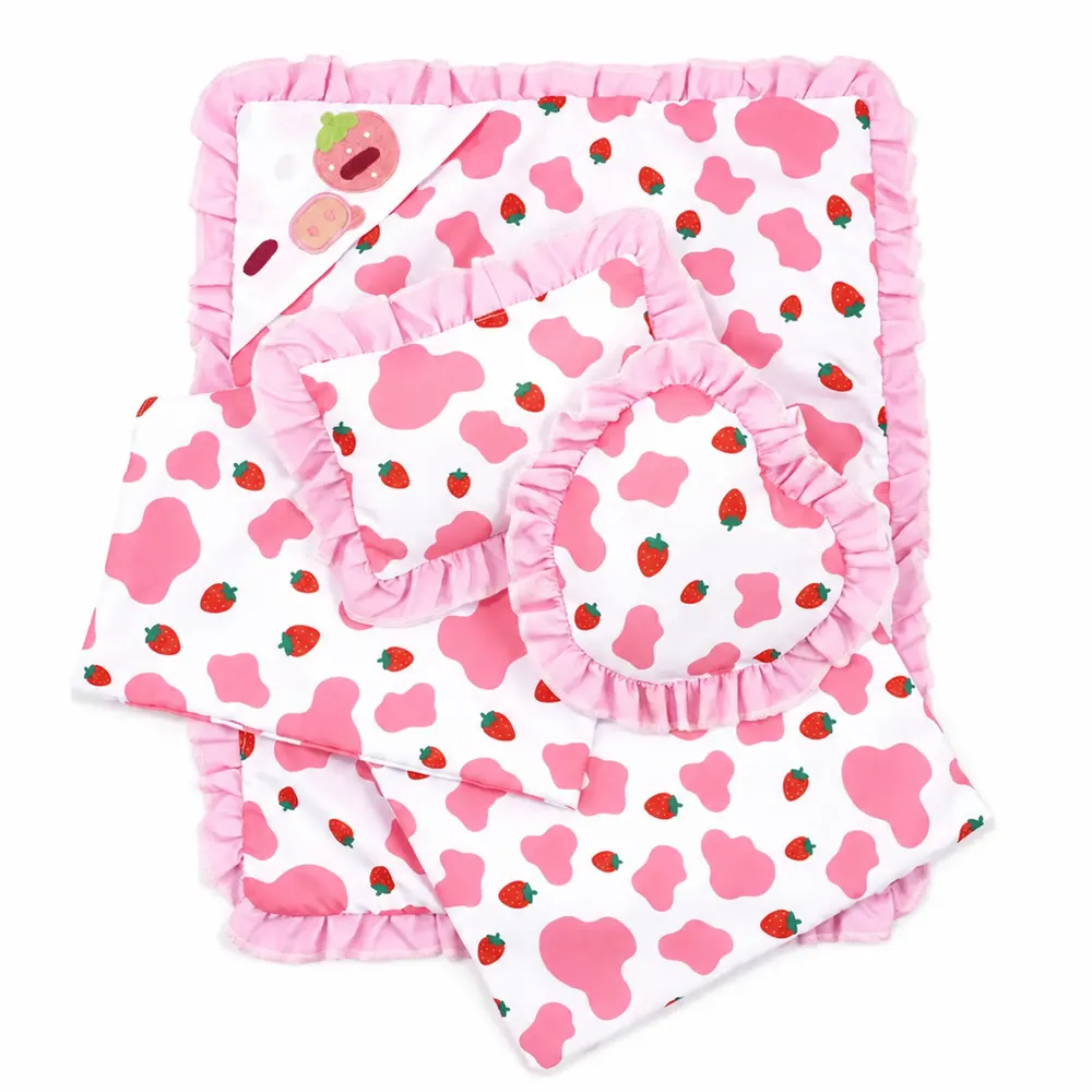 17–22" Strawberry Cow Doll Mat & Pillow Set for Reborn Baby Dolls