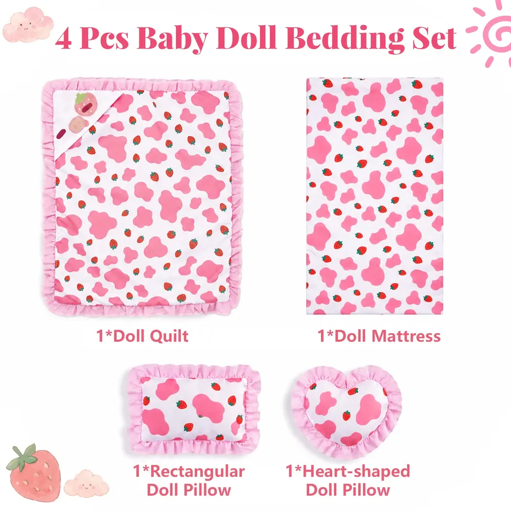 17–22" Strawberry Cow Doll Mat & Pillow Set for Reborn Baby Dolls, photograph 2