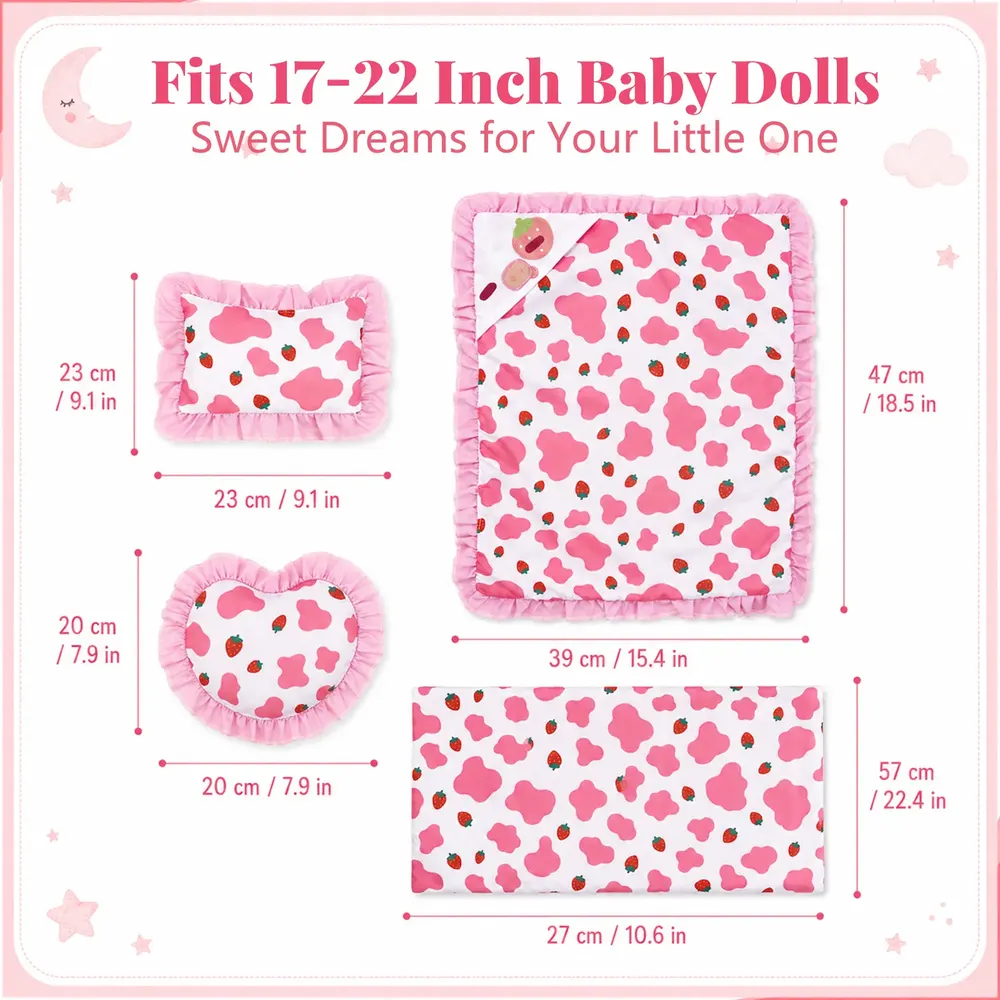 17–22" Strawberry Cow Doll Mat & Pillow Set for Reborn Baby Dolls, photograph 3