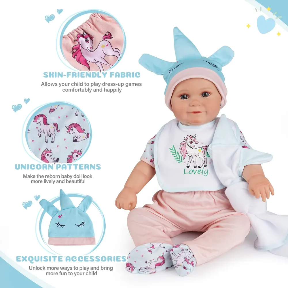 17"-22" Unicorn Blue Pink Rainbow 6-Pieces Set of Reborn Baby Clothing Accessories, photograph 3