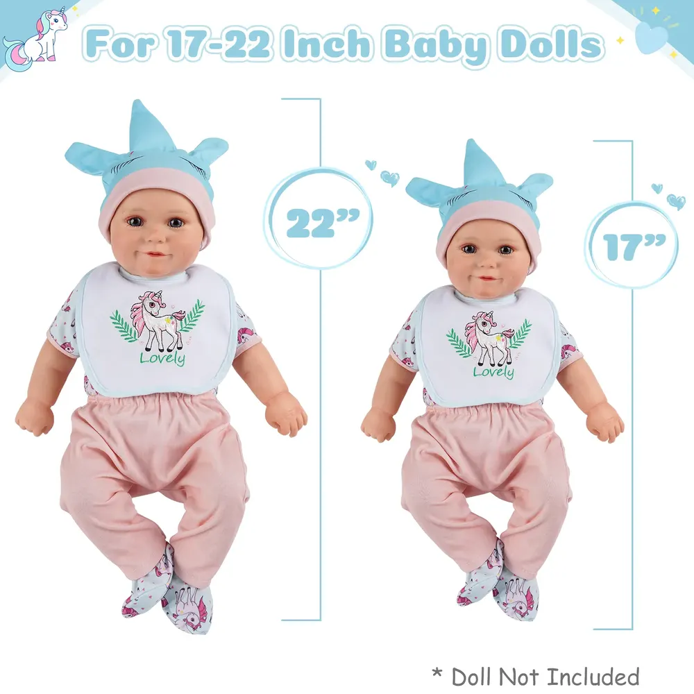 17"-22" Unicorn Blue Pink Rainbow 6-Pieces Set of Reborn Baby Clothing Accessories, photograph 4