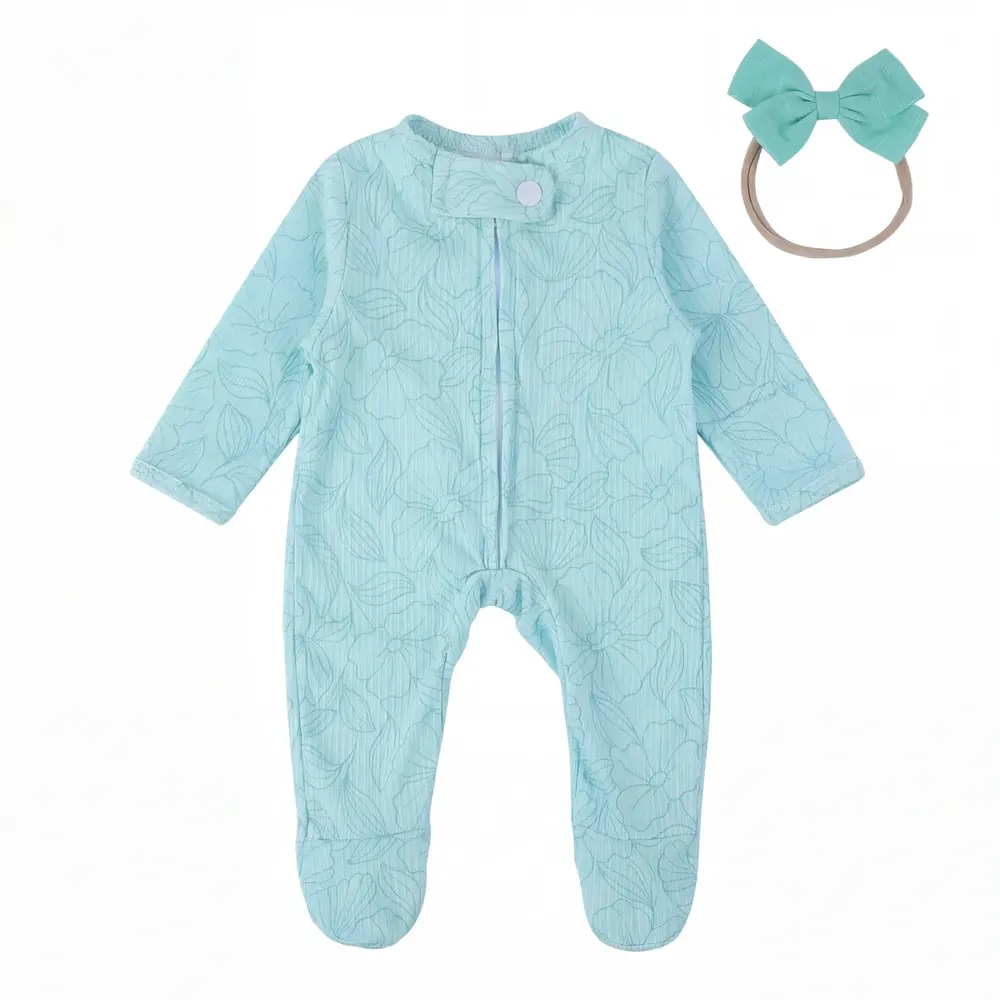 17" Green Striped Floral Romper set Bodysuit for Reborn Babies, photograph 2