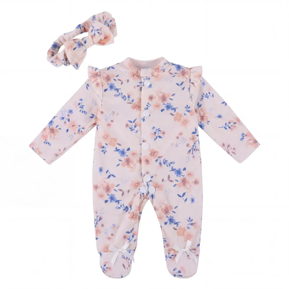 17" Orange and Blue Floral Print Light Yellow Romper with Headband