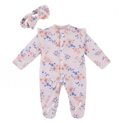 17" Orange and Blue Floral Print Light Yellow Romper with Headband