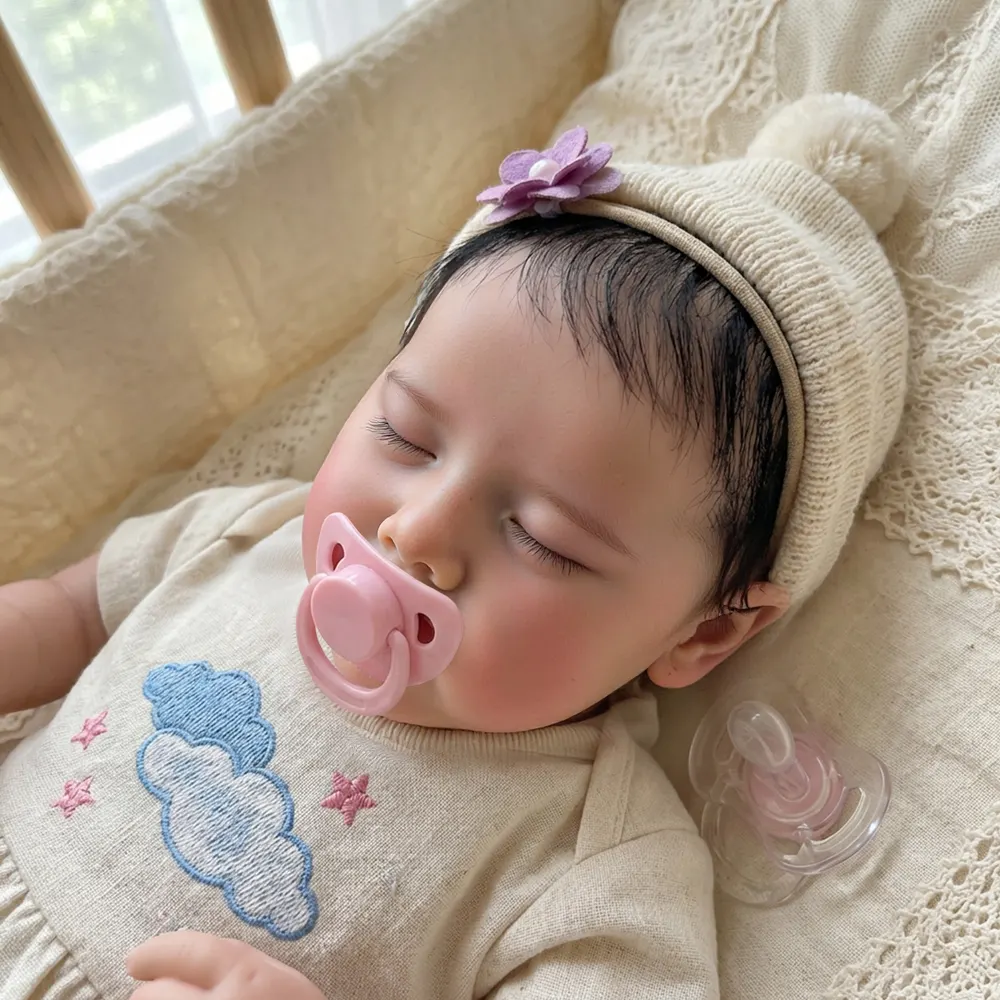 17" Reborn Baby Girl with Closed Eyes, Newborn Doll with Hand-Rooted Brown Hair