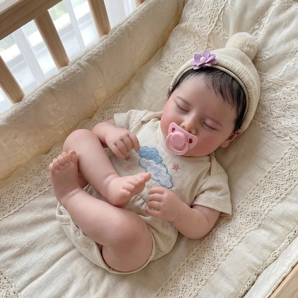 17" Reborn Baby Girl with Closed Eyes, Newborn Doll with Hand-Rooted Brown Hair, photograph 2