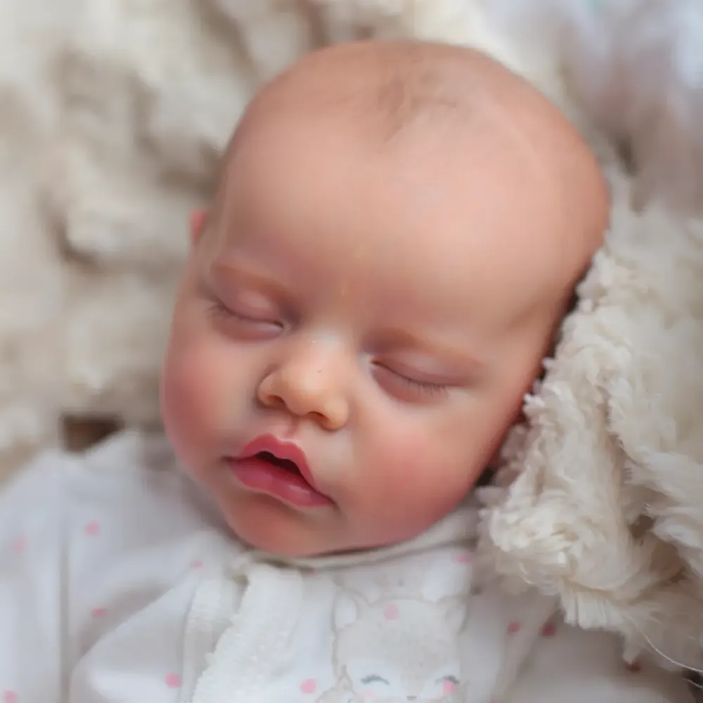 17" Soft Vinyl Closed Eye Reborn Girl with Brown Hair Supported by Heartbeat, photograph 3