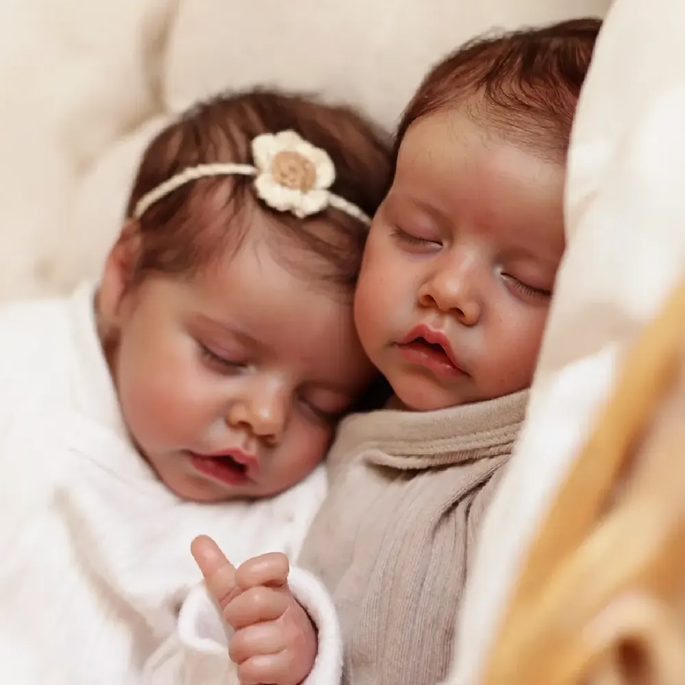 17" Soft Vinyl Twin Newborns With Brown Hair and Closed Eyes Featuring a Sleeping, photograph 4