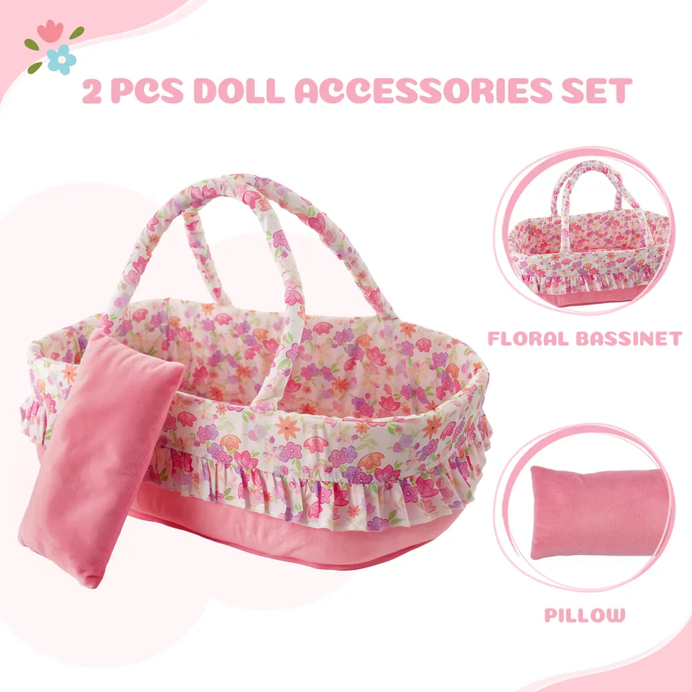18"-22" Pink Floral Basket Reborn Baby Doll Accessories Set, photograph 2